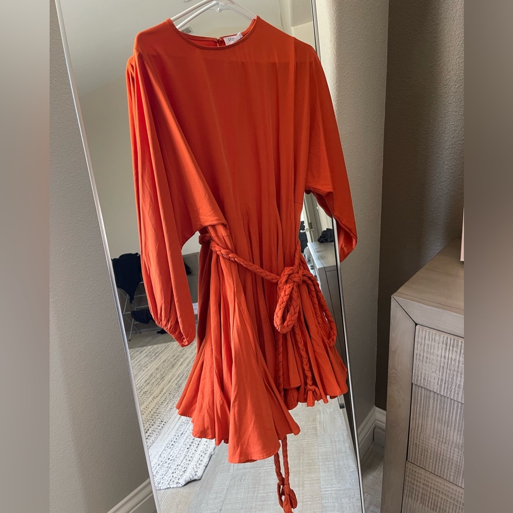 Orange Short Loose Dress with Tie